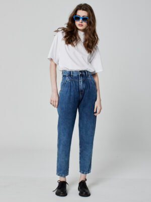 Calça Pregas Jeans Azul Médio