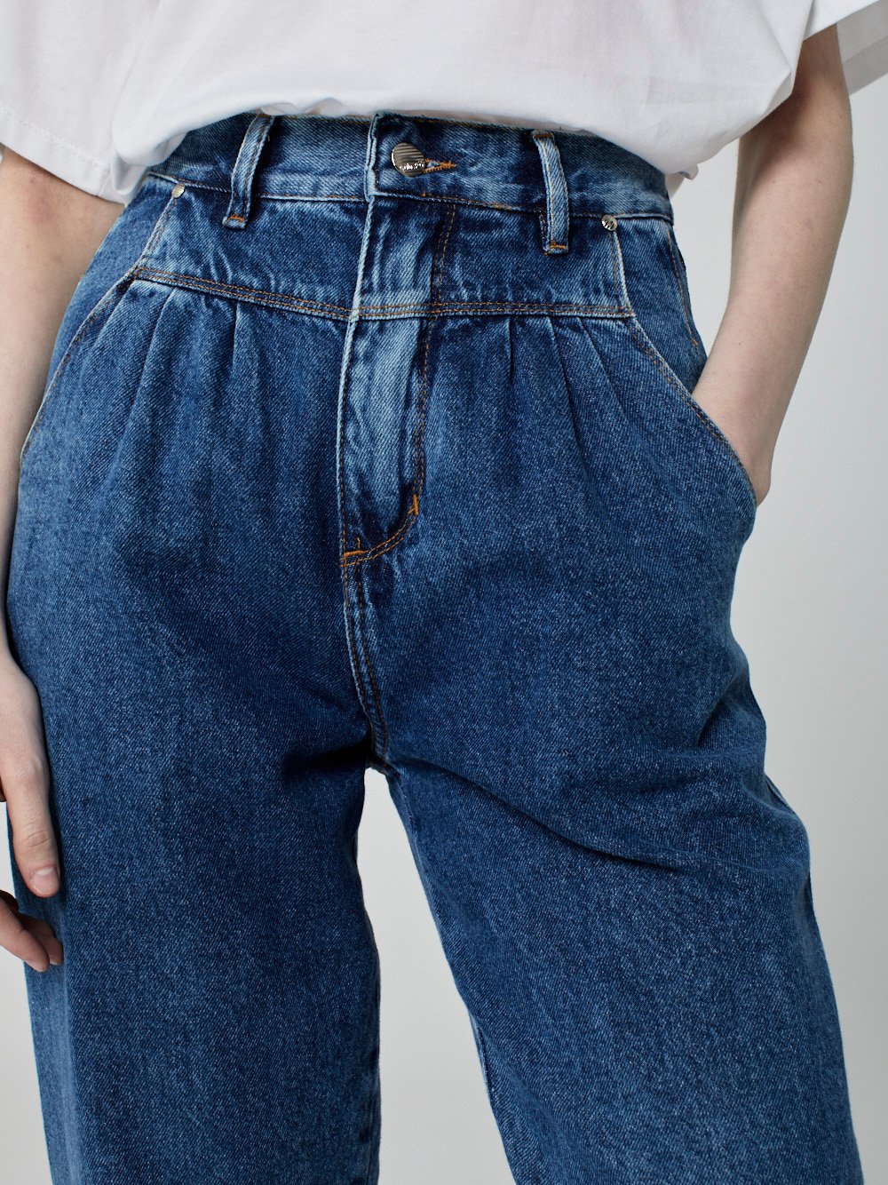 Calça Pregas Jeans Azul Médio - Imagem 3