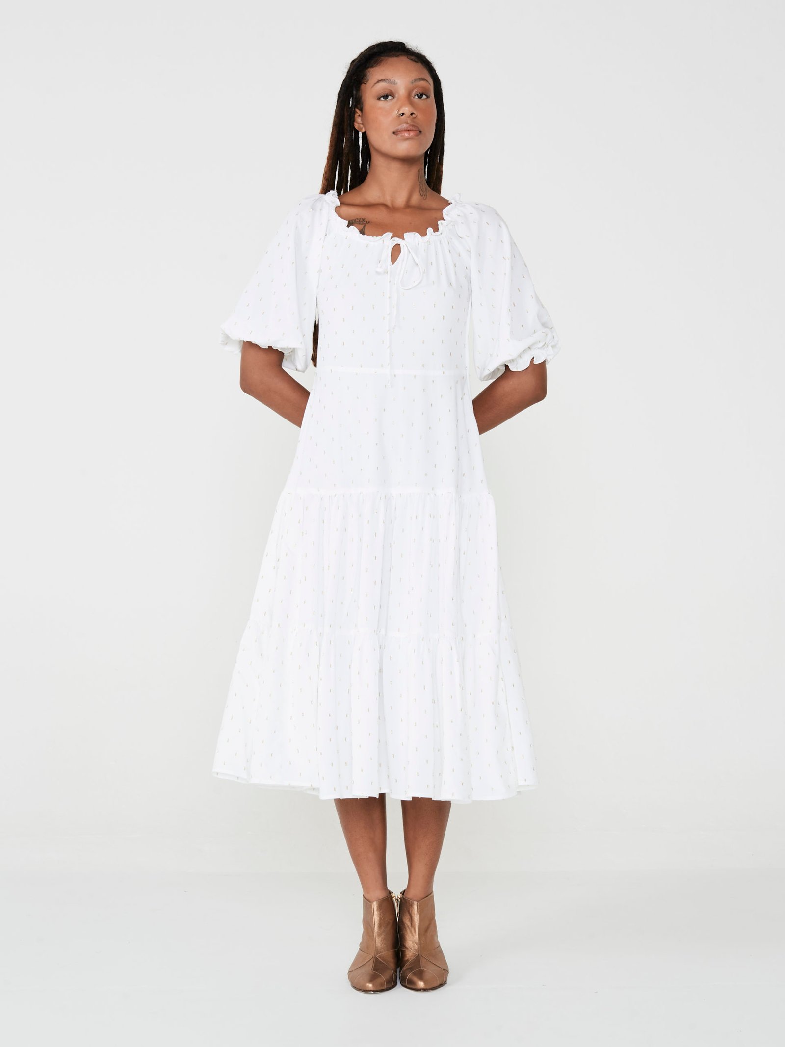 Vestido Babado Lurex Branco
