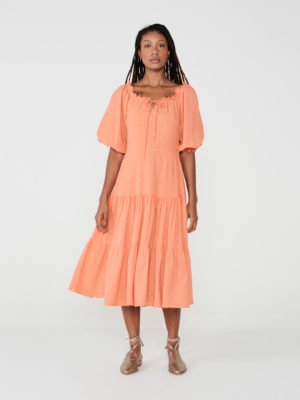 Vestido Babado Lurex Coral