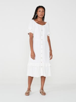 Vestido Ombro a Ombro Botão Poá Off-white