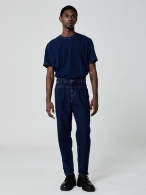 Calça Pregas Jeans Azul Escuro