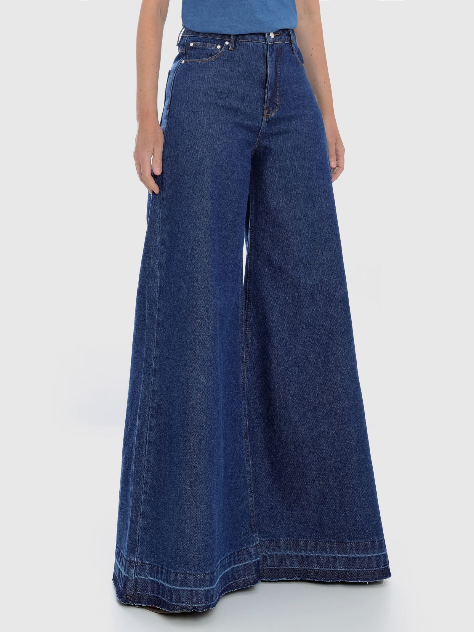 Calça Super Wide Leg Barra Desfeita Jeans Azul Índigo - Imagem 3